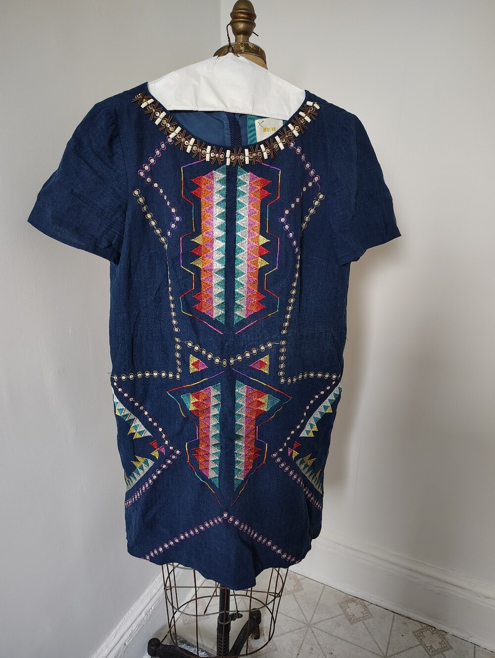 Maeve Navy Blue Embroidered Shift Dress with Multicolor Geometric Motif